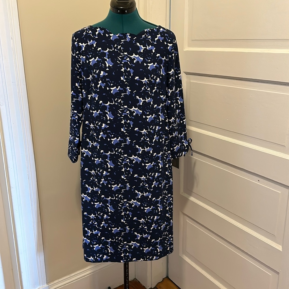 Talbots dress. Navy light blue and white floral. Bow detail on sleeve.  size 8.